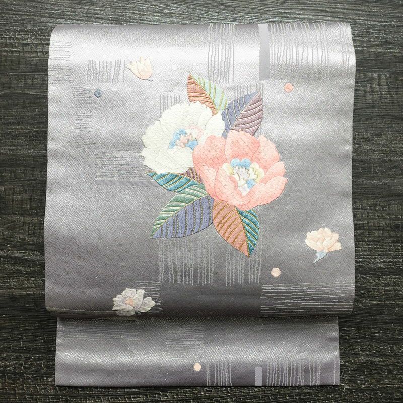 名古屋帯 太鼓柄 良品 正絹 花柄 名古屋仕立て 箔 刺繍 金糸 帯 紫・藤色_画像1