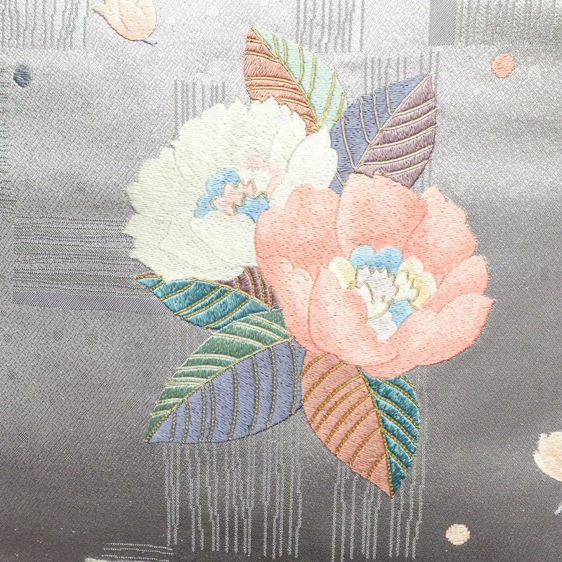 名古屋帯 太鼓柄 良品 正絹 花柄 名古屋仕立て 箔 刺繍 金糸 帯 紫・藤色_画像2