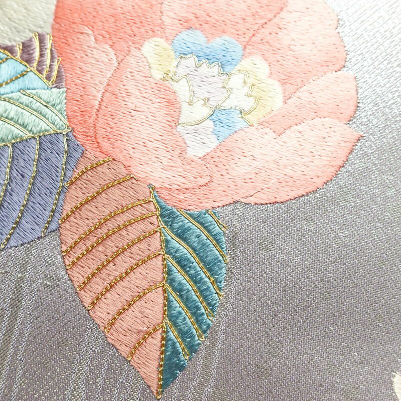 名古屋帯 太鼓柄 良品 正絹 花柄 名古屋仕立て 箔 刺繍 金糸 帯 紫・藤色_画像3