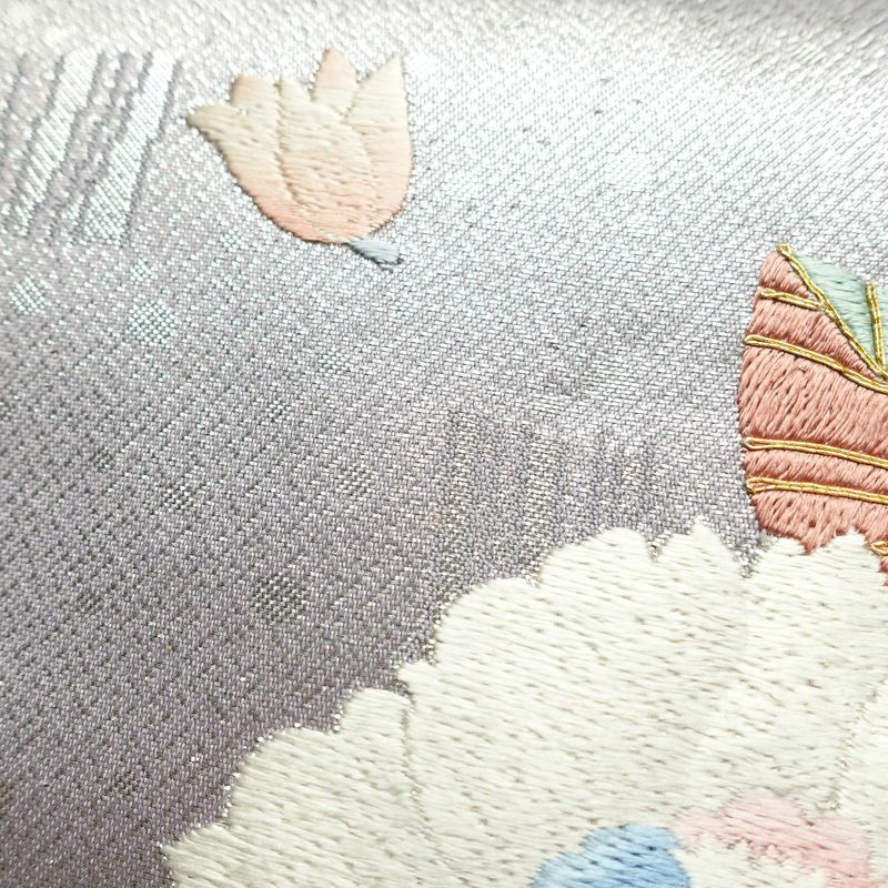 名古屋帯 太鼓柄 良品 正絹 花柄 名古屋仕立て 箔 刺繍 金糸 帯 紫・藤色_画像5