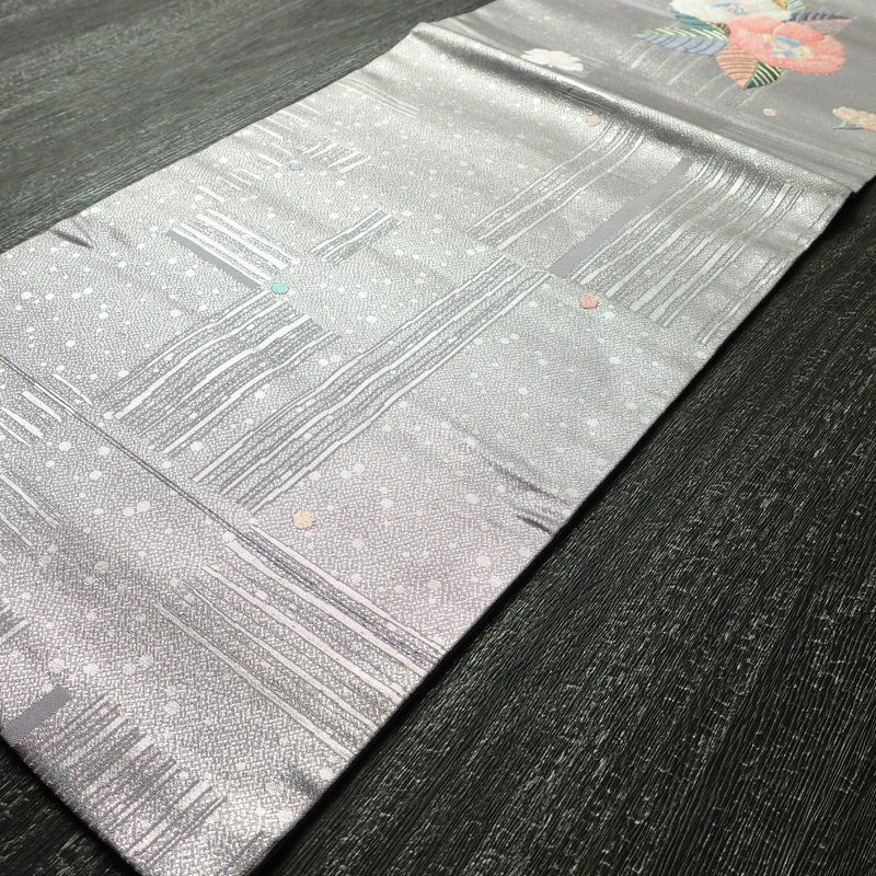 名古屋帯 太鼓柄 良品 正絹 花柄 名古屋仕立て 箔 刺繍 金糸 帯 紫・藤色_画像8