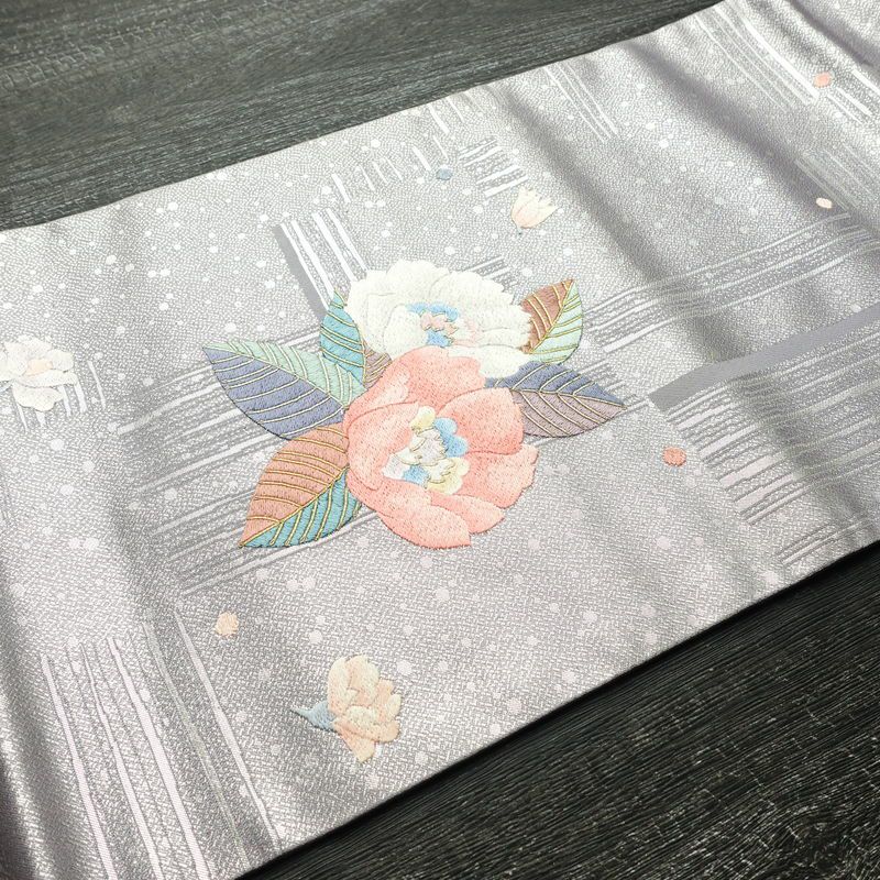 名古屋帯 太鼓柄 良品 正絹 花柄 名古屋仕立て 箔 刺繍 金糸 帯 紫・藤色_画像10
