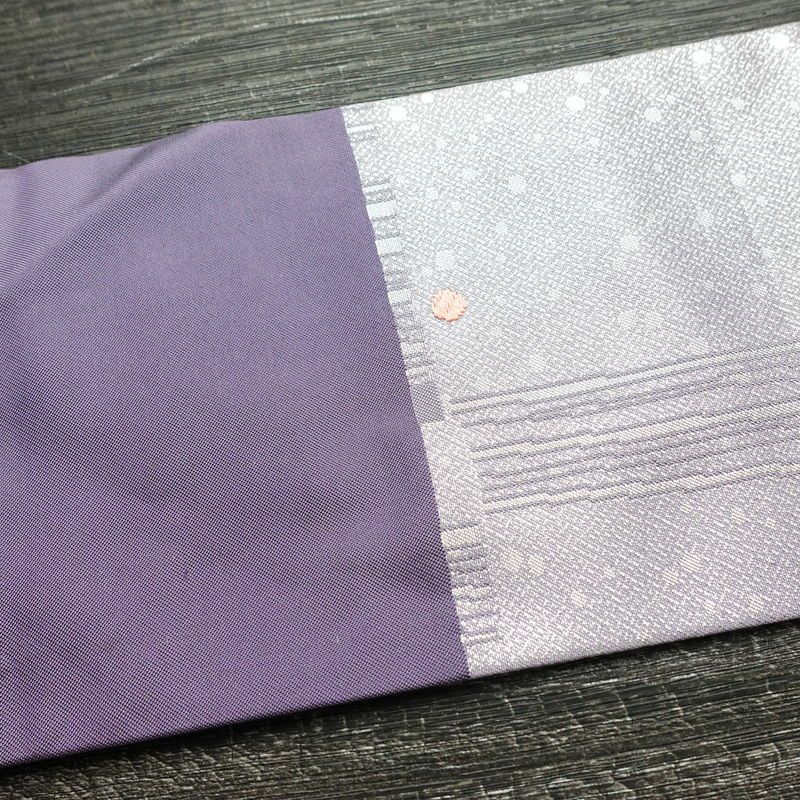 名古屋帯 太鼓柄 良品 正絹 花柄 名古屋仕立て 箔 刺繍 金糸 帯 紫・藤色_画像14