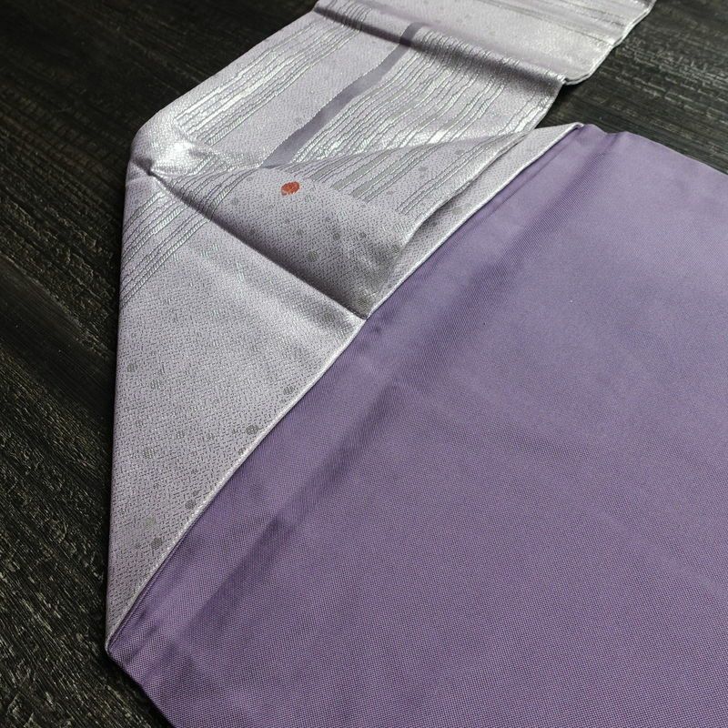 名古屋帯 太鼓柄 良品 正絹 花柄 名古屋仕立て 箔 刺繍 金糸 帯 紫・藤色_画像19