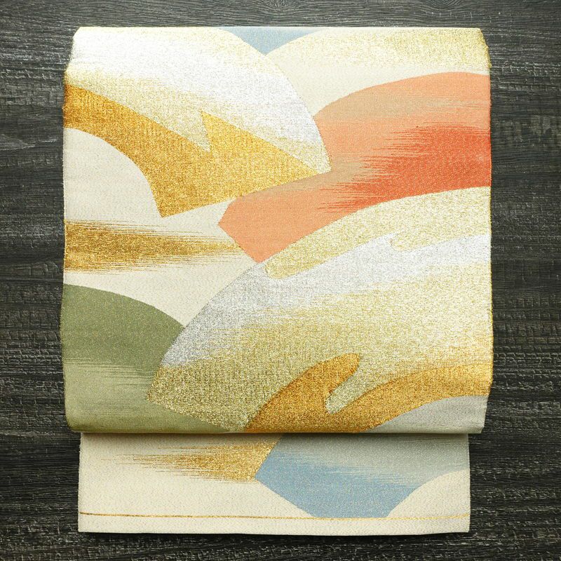 袋帯 太鼓柄 フォーマル用 正絹 古典柄 箔 金通し 帯 扇面 クリーム_画像1