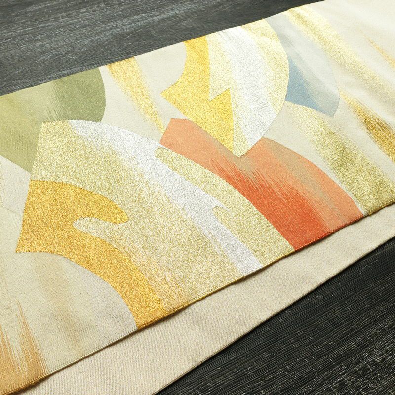 袋帯 太鼓柄 フォーマル用 正絹 古典柄 箔 金通し 帯 扇面 クリーム_画像12