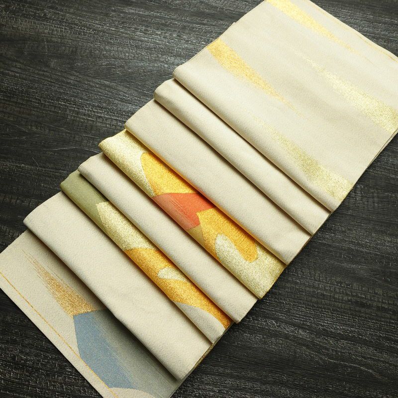 袋帯 太鼓柄 フォーマル用 正絹 古典柄 箔 金通し 帯 扇面 クリーム_画像19