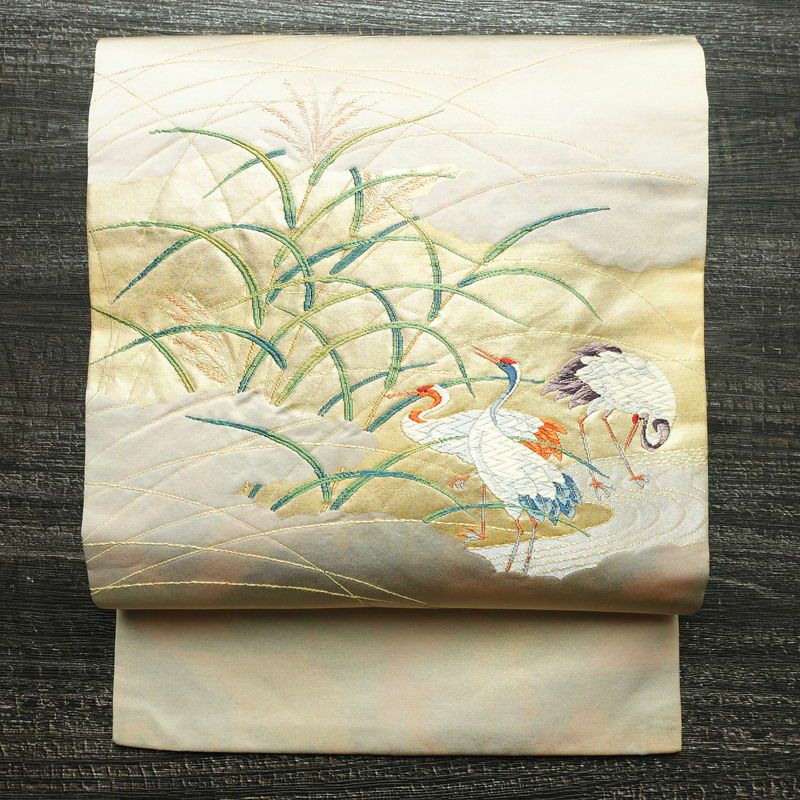 名古屋帯 太鼓柄 正絹 人物・動物柄 名古屋仕立て 箔 帯 ベージュ_画像1