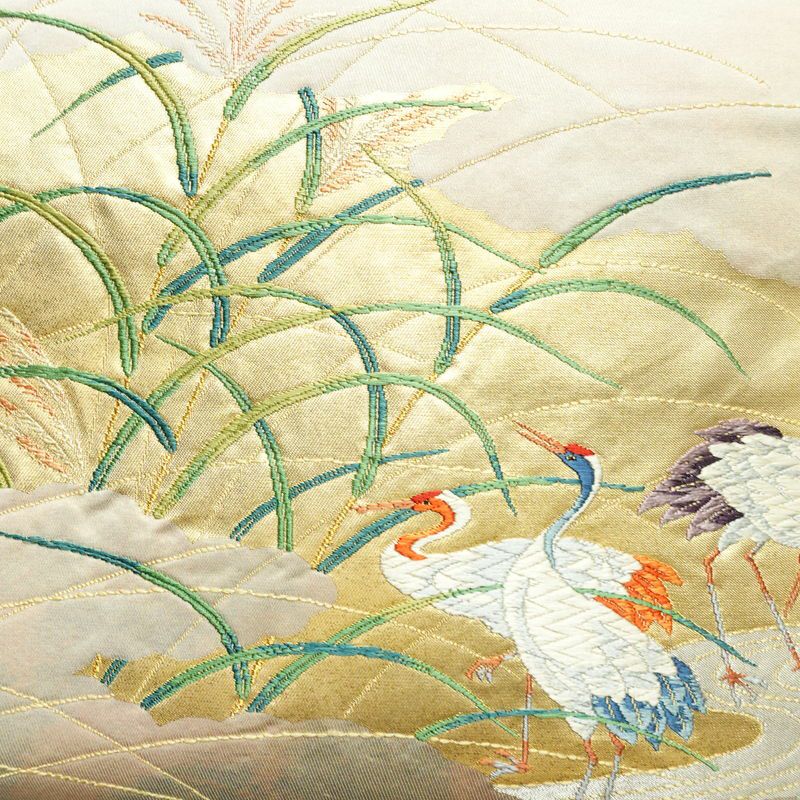 名古屋帯 太鼓柄 正絹 人物・動物柄 名古屋仕立て 箔 帯 ベージュ_画像2