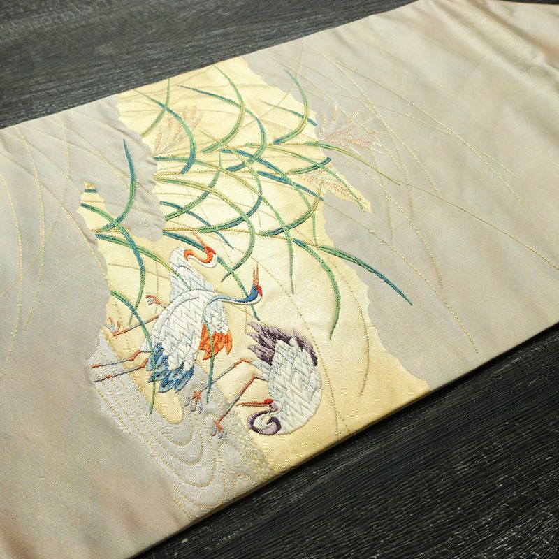 名古屋帯 太鼓柄 正絹 人物・動物柄 名古屋仕立て 箔 帯 ベージュ_画像11