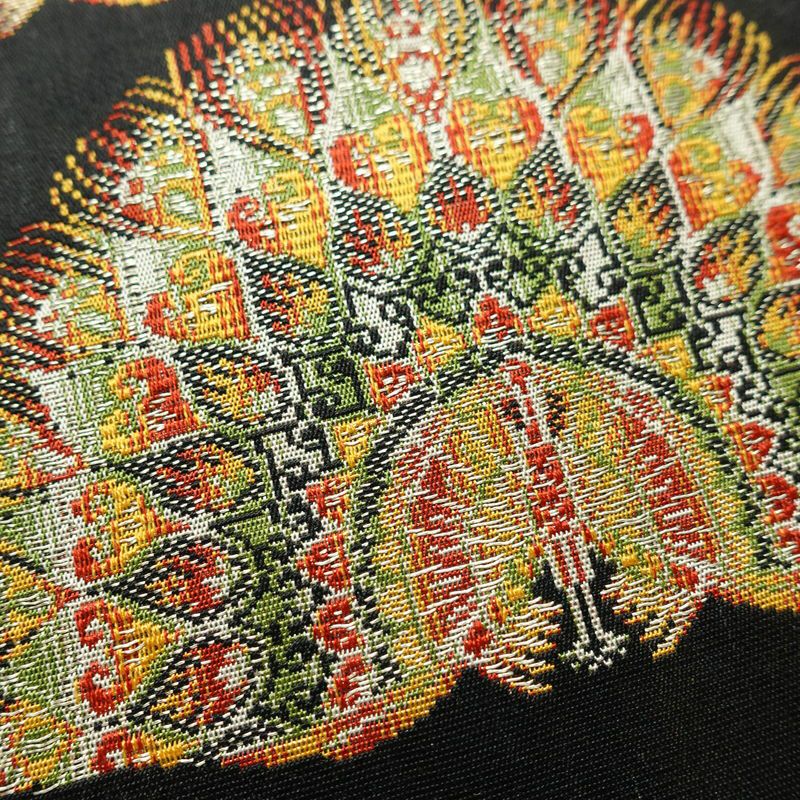 名古屋帯 全通柄 良品 正絹 人物・動物柄 名古屋仕立て 孔雀 帯 黒_画像4