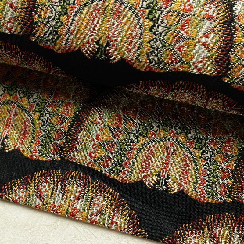 名古屋帯 全通柄 良品 正絹 人物・動物柄 名古屋仕立て 孔雀 帯 黒_画像6