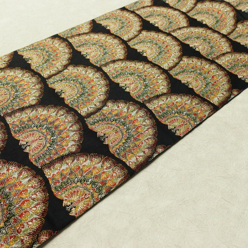 名古屋帯 全通柄 良品 正絹 人物・動物柄 名古屋仕立て 孔雀 帯 黒_画像10