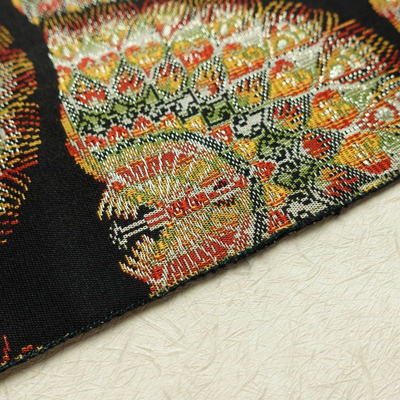 名古屋帯 全通柄 良品 正絹 人物・動物柄 名古屋仕立て 孔雀 帯 黒_画像11