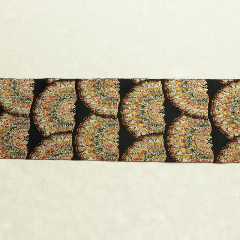 名古屋帯 全通柄 良品 正絹 人物・動物柄 名古屋仕立て 孔雀 帯 黒_画像13