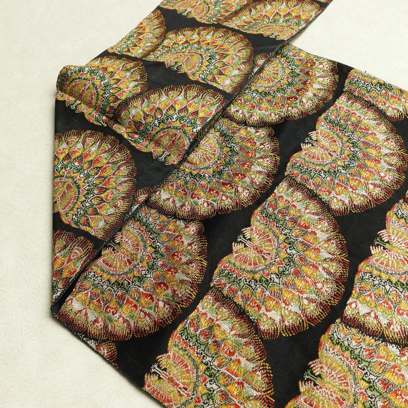 名古屋帯 全通柄 良品 正絹 人物・動物柄 名古屋仕立て 孔雀 帯 黒_画像17