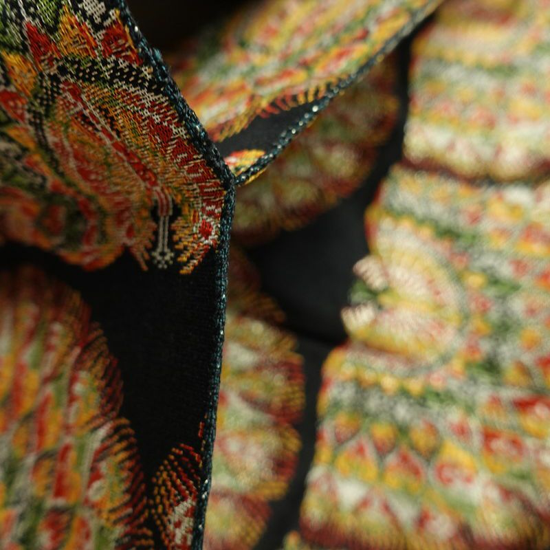 名古屋帯 全通柄 良品 正絹 人物・動物柄 名古屋仕立て 孔雀 帯 黒_画像18