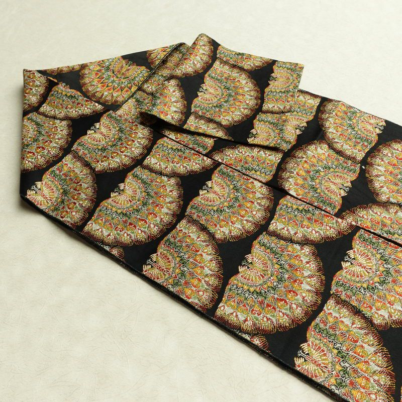 名古屋帯 全通柄 良品 正絹 人物・動物柄 名古屋仕立て 孔雀 帯 黒_画像19