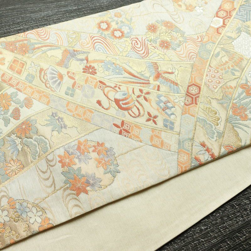 袋帯 六通柄 フォーマル用 正絹 古典柄 箔 帯 クリーム_画像11