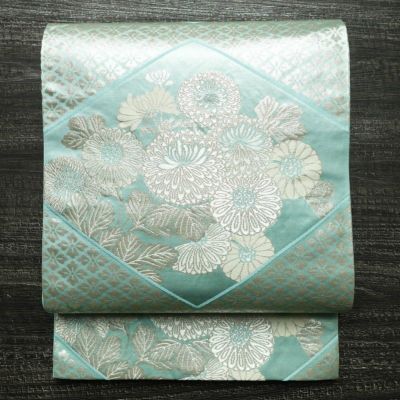 袋帯 六通柄 フォーマル用 正絹 菊 花柄 箔 帯 青・紺