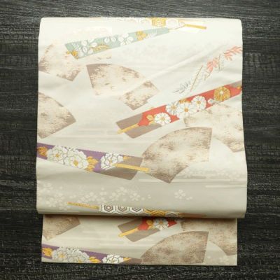 名古屋帯 太鼓柄 正絹 古典柄 名古屋仕立て 箔 刺繍 金糸 帯 ベージュ