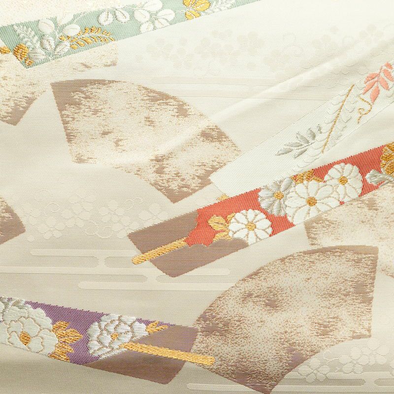 名古屋帯 六通柄 正絹 古典柄 名古屋仕立て 箔 金糸 銀糸 扇子 帯 クリーム_画像2