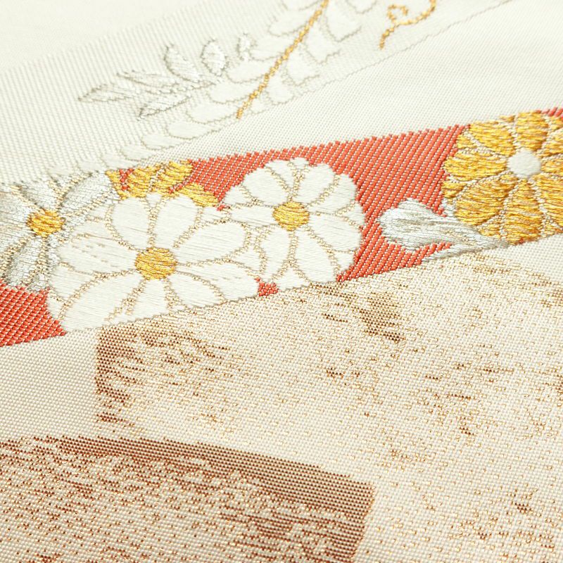 名古屋帯 六通柄 正絹 古典柄 名古屋仕立て 箔 金糸 銀糸 扇子 帯 クリーム_画像3