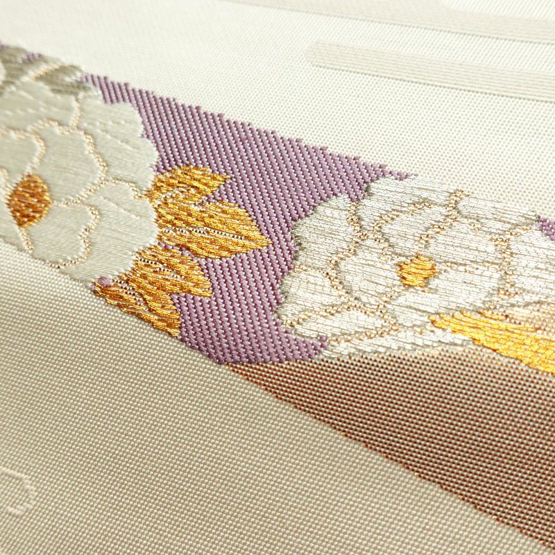 名古屋帯 六通柄 正絹 古典柄 名古屋仕立て 箔 金糸 銀糸 扇子 帯 クリーム_画像6