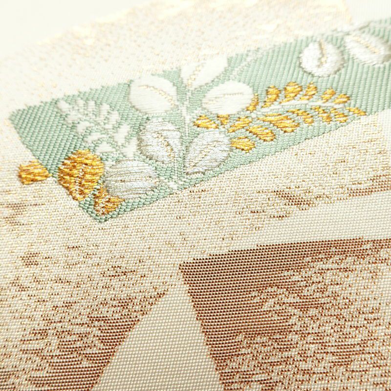 名古屋帯 六通柄 正絹 古典柄 名古屋仕立て 箔 金糸 銀糸 扇子 帯 クリーム_画像7