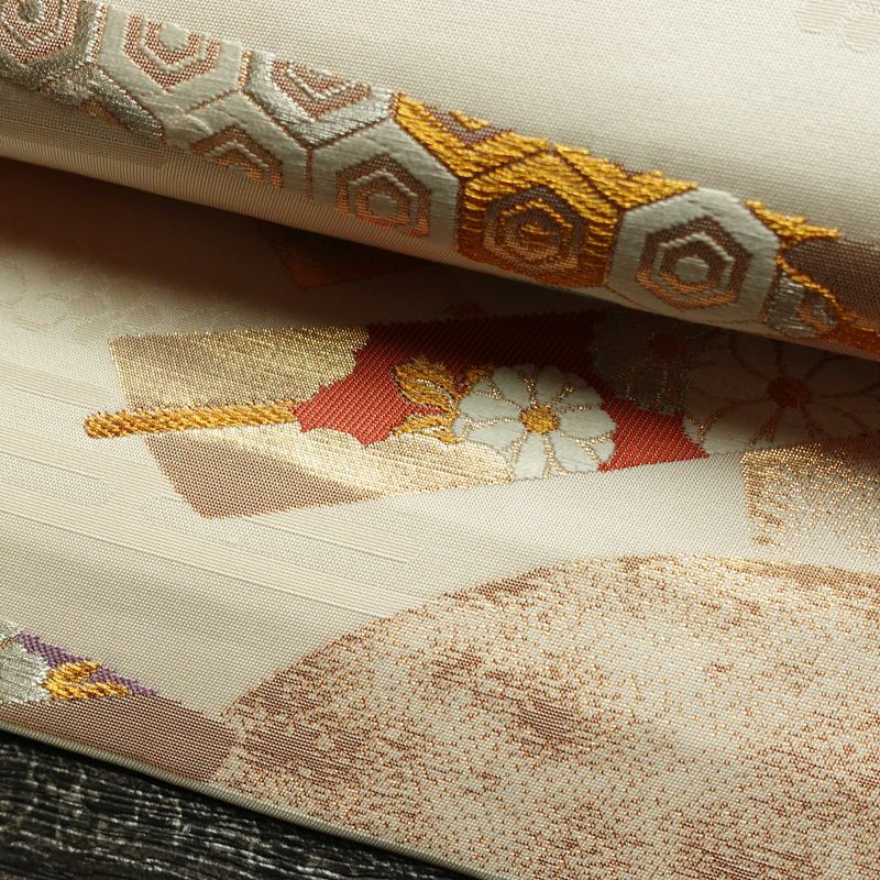 名古屋帯 六通柄 正絹 古典柄 名古屋仕立て 箔 金糸 銀糸 扇子 帯 クリーム_画像8