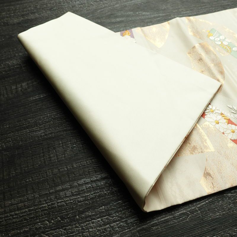 名古屋帯 六通柄 正絹 古典柄 名古屋仕立て 箔 金糸 銀糸 扇子 帯 クリーム_画像10