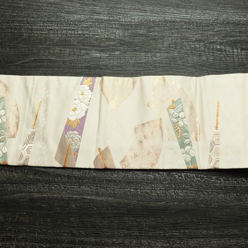 名古屋帯 六通柄 正絹 古典柄 名古屋仕立て 箔 金糸 銀糸 扇子 帯 クリーム_画像13