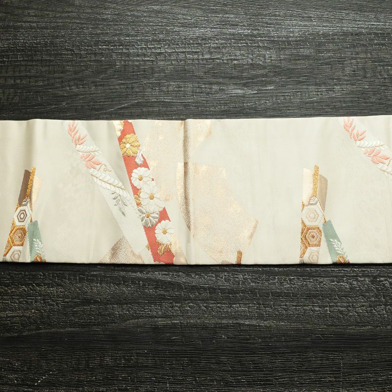 名古屋帯 六通柄 正絹 古典柄 名古屋仕立て 箔 金糸 銀糸 扇子 帯 クリーム_画像14