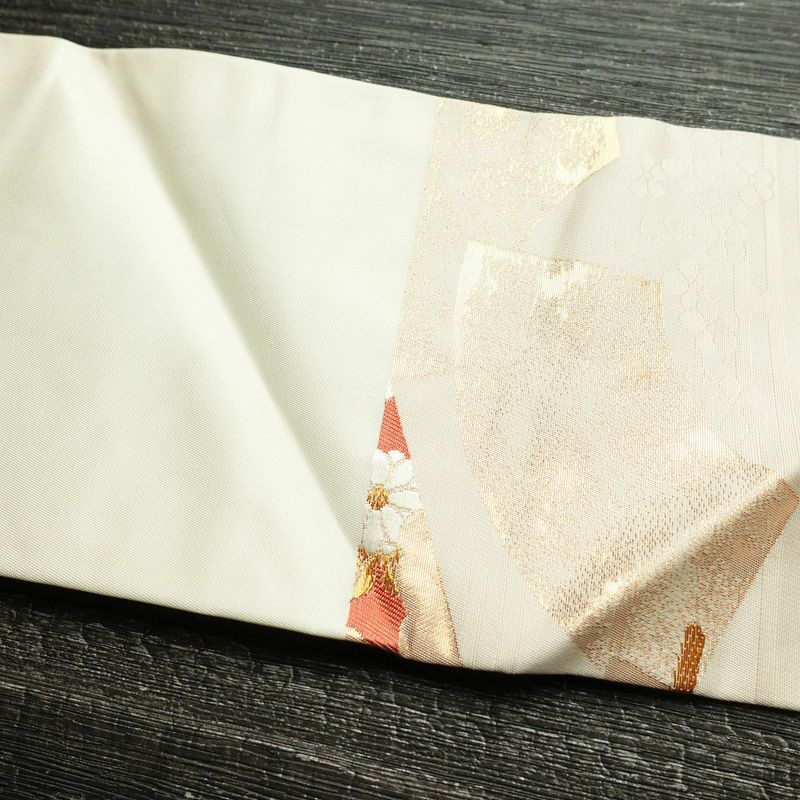 名古屋帯 六通柄 正絹 古典柄 名古屋仕立て 箔 金糸 銀糸 扇子 帯 クリーム_画像15