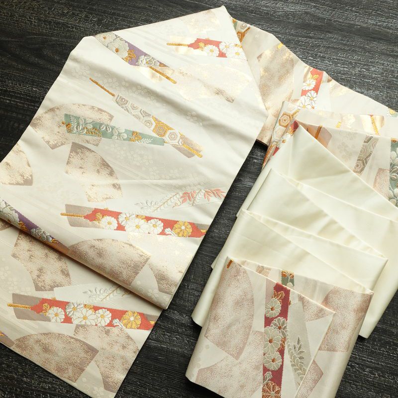 名古屋帯 六通柄 正絹 古典柄 名古屋仕立て 箔 金糸 銀糸 扇子 帯 クリーム_画像17