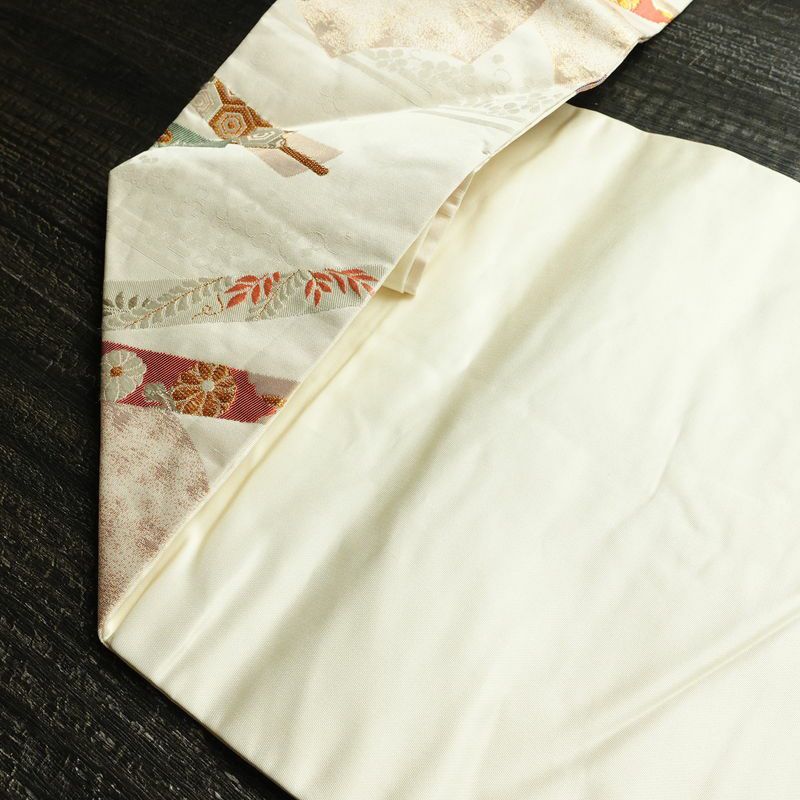 名古屋帯 六通柄 正絹 古典柄 名古屋仕立て 箔 金糸 銀糸 扇子 帯 クリーム_画像19