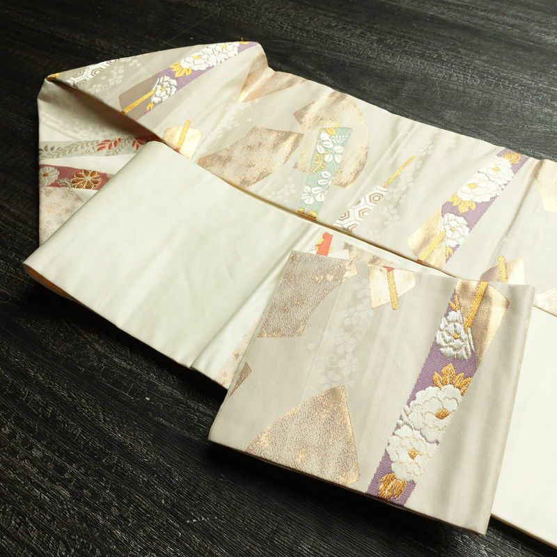 名古屋帯 六通柄 正絹 古典柄 名古屋仕立て 箔 金糸 銀糸 扇子 帯 クリーム_画像21