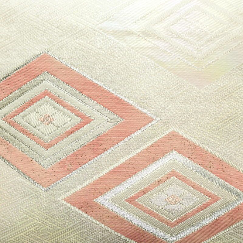 名古屋帯 太鼓柄 正絹 幾何学柄・抽象柄 名古屋仕立て 箔 銀糸 帯 白_画像2