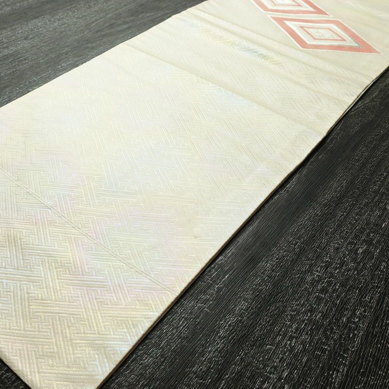 名古屋帯 太鼓柄 正絹 幾何学柄・抽象柄 名古屋仕立て 箔 銀糸 帯 白_画像7