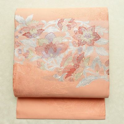 名古屋帯 太鼓柄 良品 正絹 花柄 名古屋仕立て 金糸 銀糸 帯 ピンク