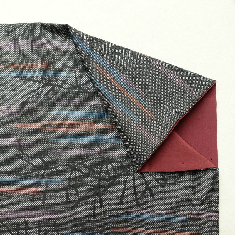 紬 正絹 木の葉・植物柄 袷仕立て 身丈152cm 裄丈63.5cm 着物 グレー_画像14