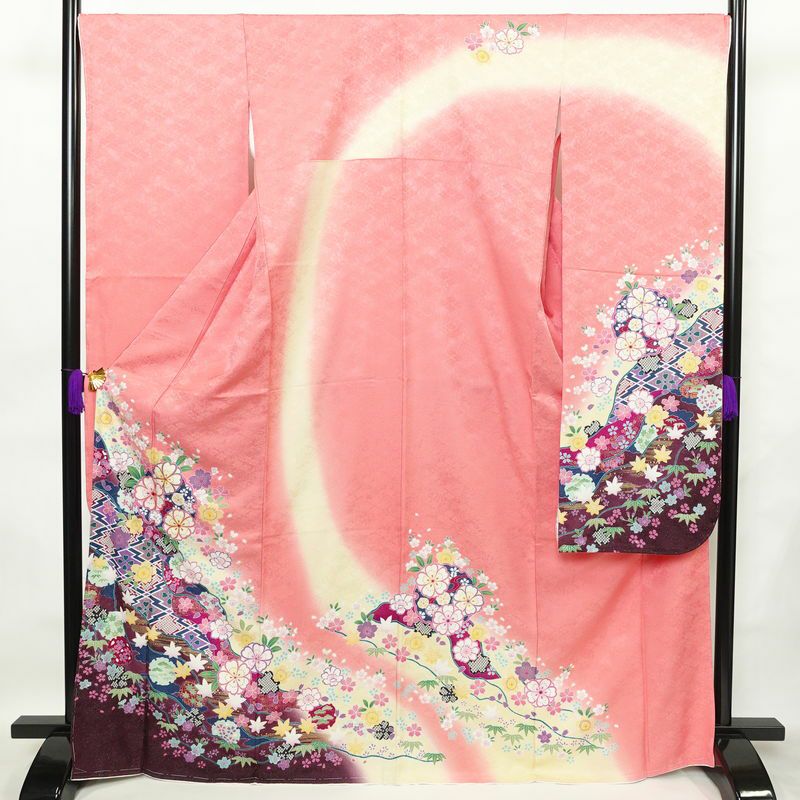 振袖 美品 しつけ糸付き 金駒刺繍 正絹 花柄 袷仕立て 身丈169cm 裄丈69.5cm 金彩 フォーマル 着物 二十歳 ピンク_画像1