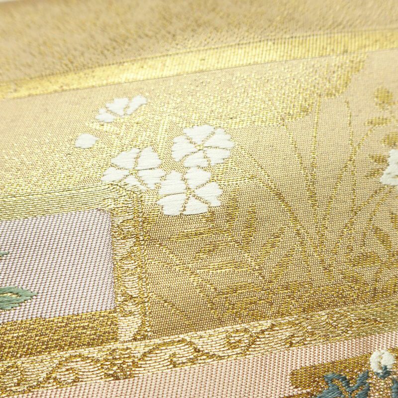 名古屋帯 太鼓柄 落款入り 正絹 木の葉・植物柄 名古屋仕立て 箔 金糸 帯 黄・黄土色_画像4