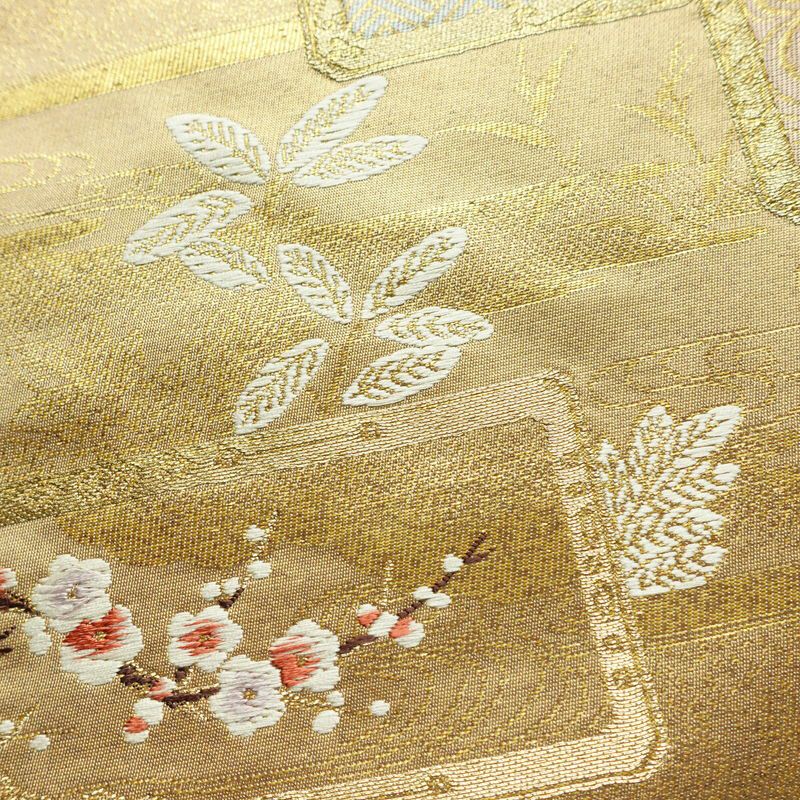 名古屋帯 太鼓柄 落款入り 正絹 木の葉・植物柄 名古屋仕立て 箔 金糸 帯 黄・黄土色_画像6