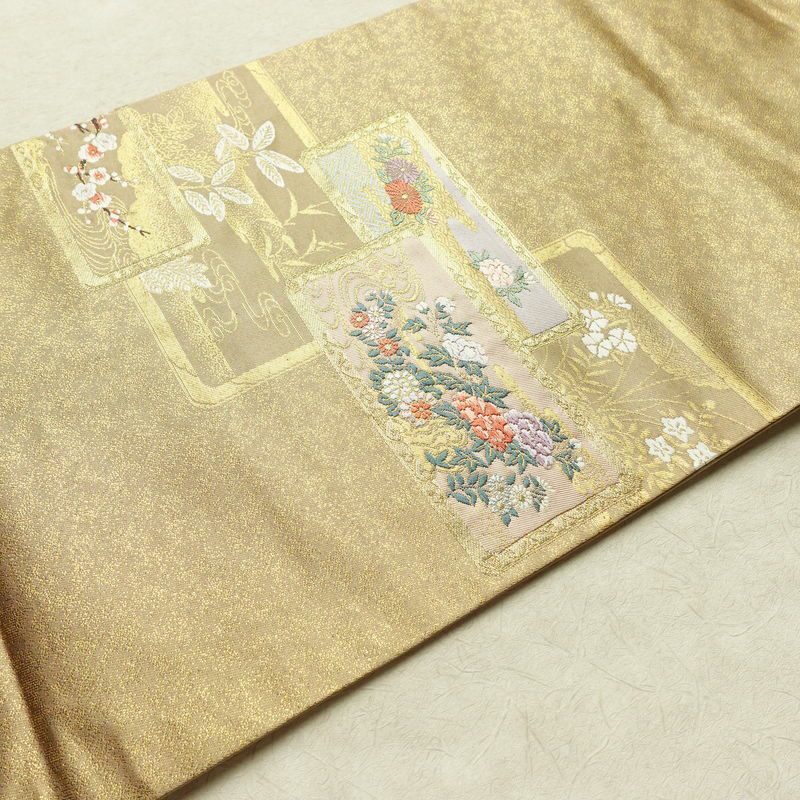 名古屋帯 太鼓柄 落款入り 正絹 木の葉・植物柄 名古屋仕立て 箔 金糸 帯 黄・黄土色_画像10