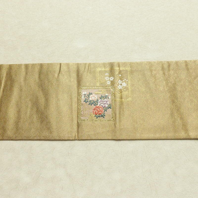 名古屋帯 太鼓柄 落款入り 正絹 木の葉・植物柄 名古屋仕立て 箔 金糸 帯 黄・黄土色_画像12