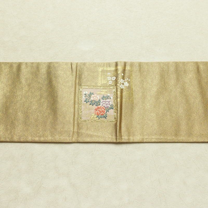 名古屋帯 太鼓柄 落款入り 正絹 木の葉・植物柄 名古屋仕立て 箔 金糸 帯 黄・黄土色_画像13