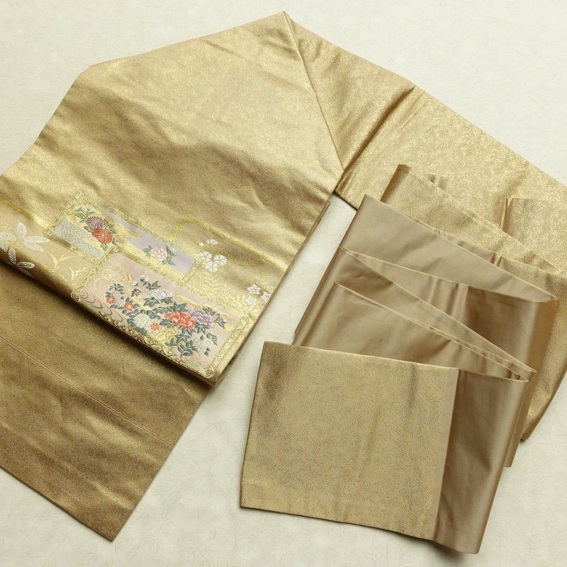 名古屋帯 太鼓柄 落款入り 正絹 木の葉・植物柄 名古屋仕立て 箔 金糸 帯 黄・黄土色_画像17