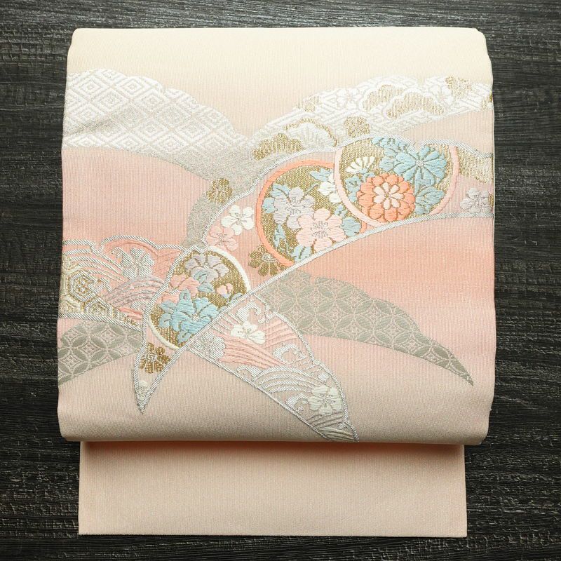 名古屋帯 太鼓柄 良品 正絹 古典柄 名古屋仕立て 箔 金糸 銀糸 帯 ピンク_画像1