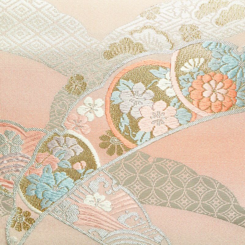 名古屋帯 太鼓柄 良品 正絹 古典柄 名古屋仕立て 箔 金糸 銀糸 帯 ピンク_画像2